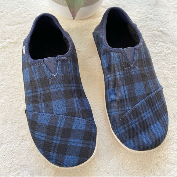 TOMS Rodeo Faux Fur Lined Twill blue check plaid Mens 7 convertible Slippers - Picture 3 of 13